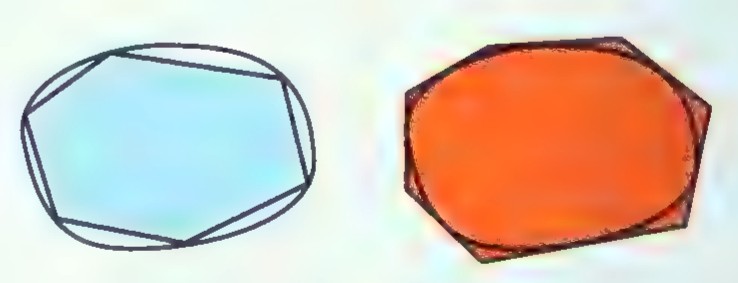 A blue polygon inscribed in a curved region and a red circumscribed polygon around it.