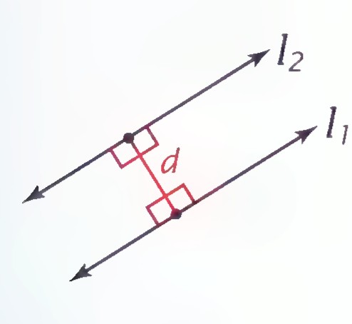 Parallel lines l1 and l2 with a perpendicular segment of length d between them.