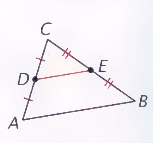 Triangle ABC with midsegment DE joining the midpoints of two sides.