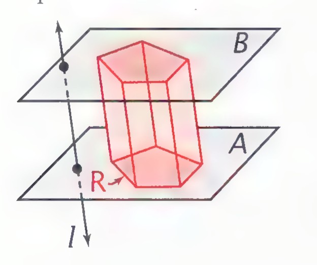 A prism between parallel planes A and B, with lateral edges parallel to line l.
