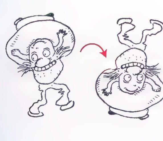 A cartoon figure and its rotation image about a point.