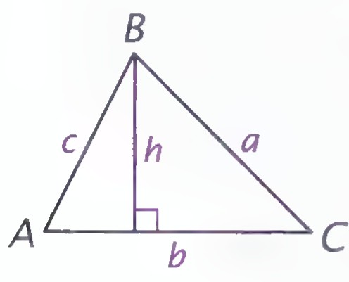 Triangle ABC with sides a, b, c and altitude h to base b.