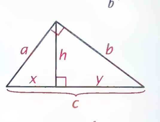 Right triangle with altitude h to the hypotenuse, dividing it into segments x and y.
