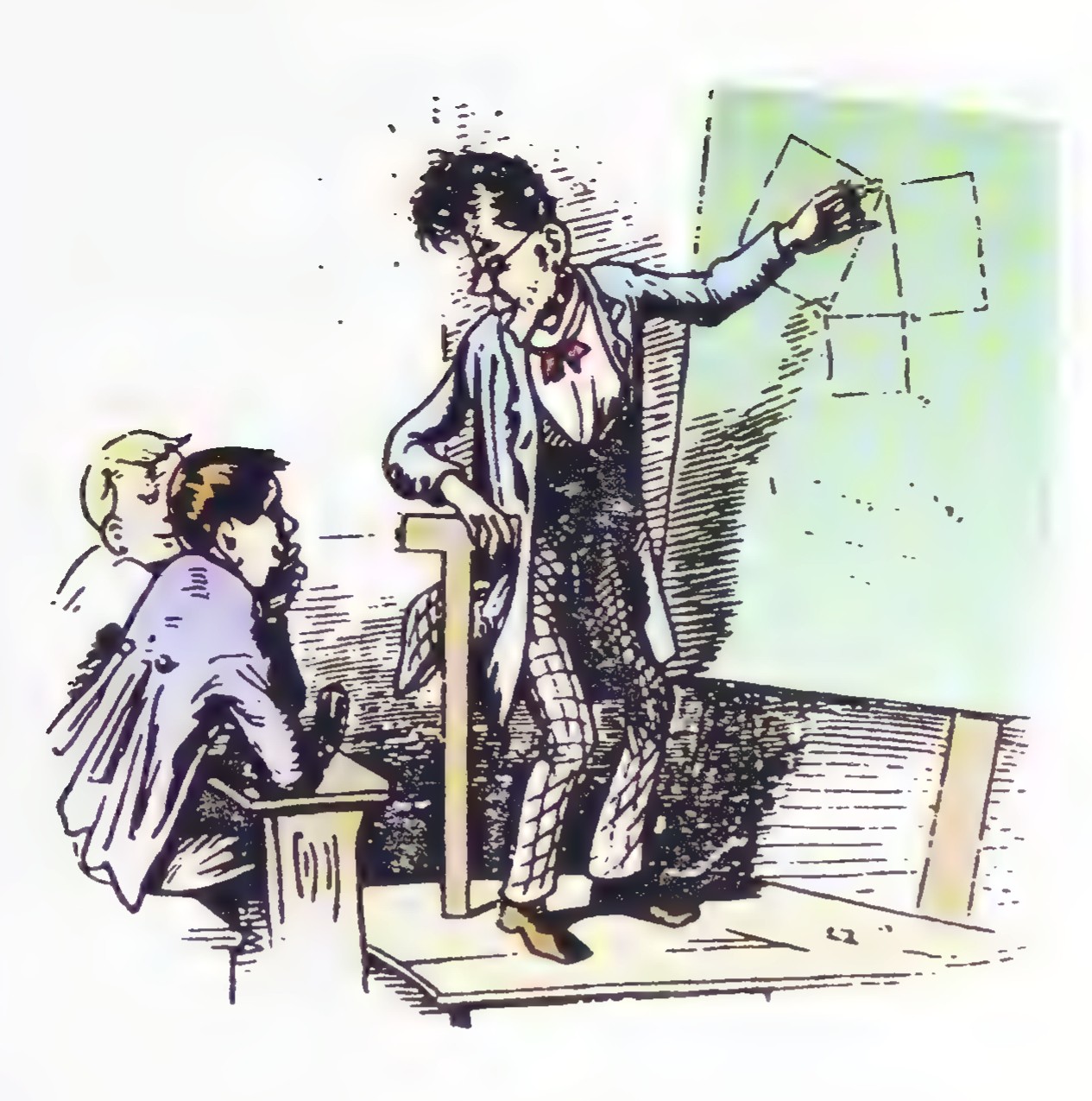 A teacher at a chalkboard proving a theorem to a skeptical pupil.