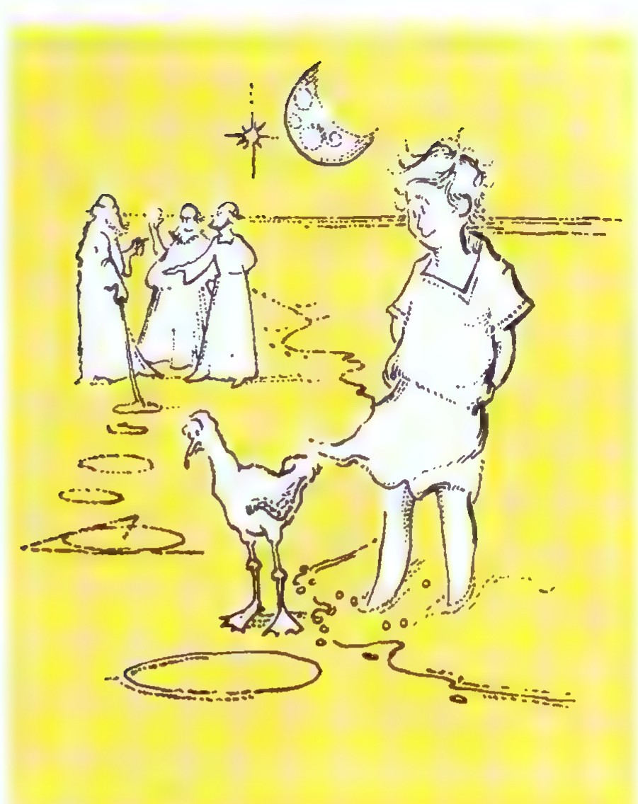 A cartoon of a child drawing a circle in the sand while three bearded Greek scholars argue behind him, with the moon and stars above.