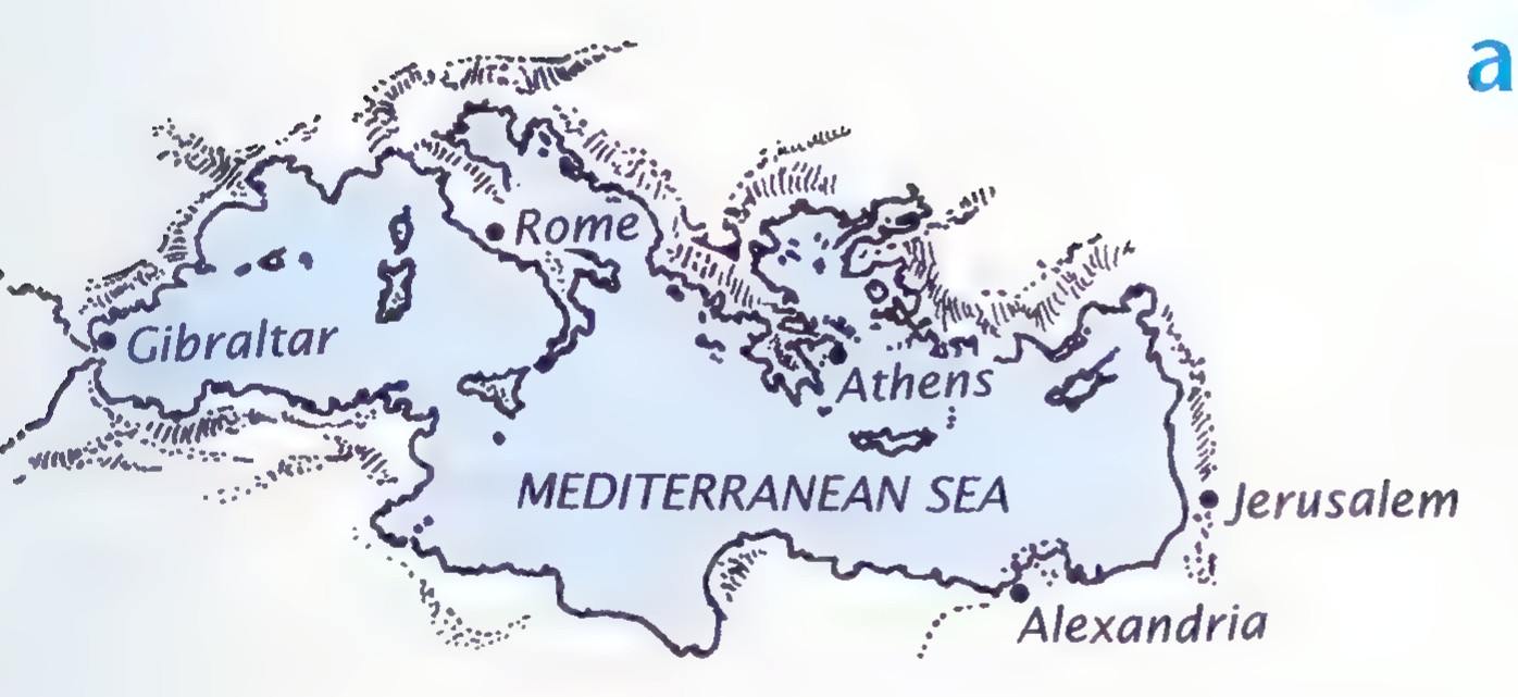 A map of the Mediterranean region labeling Gibraltar, Rome, Athens, Jerusalem, Alexandria, and the Mediterranean Sea.