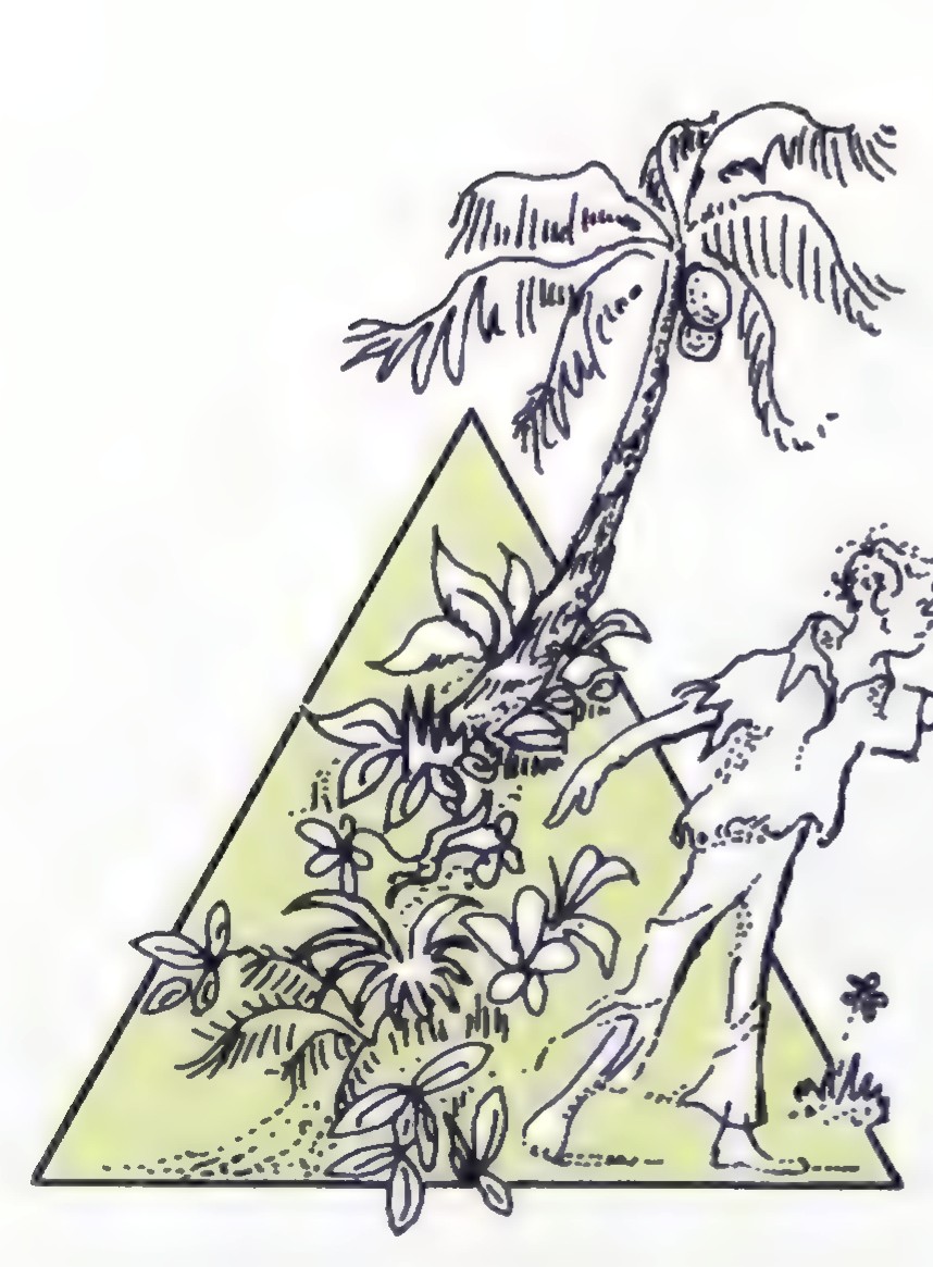 A drawing of a castaway standing beside a palm tree on a triangular island.