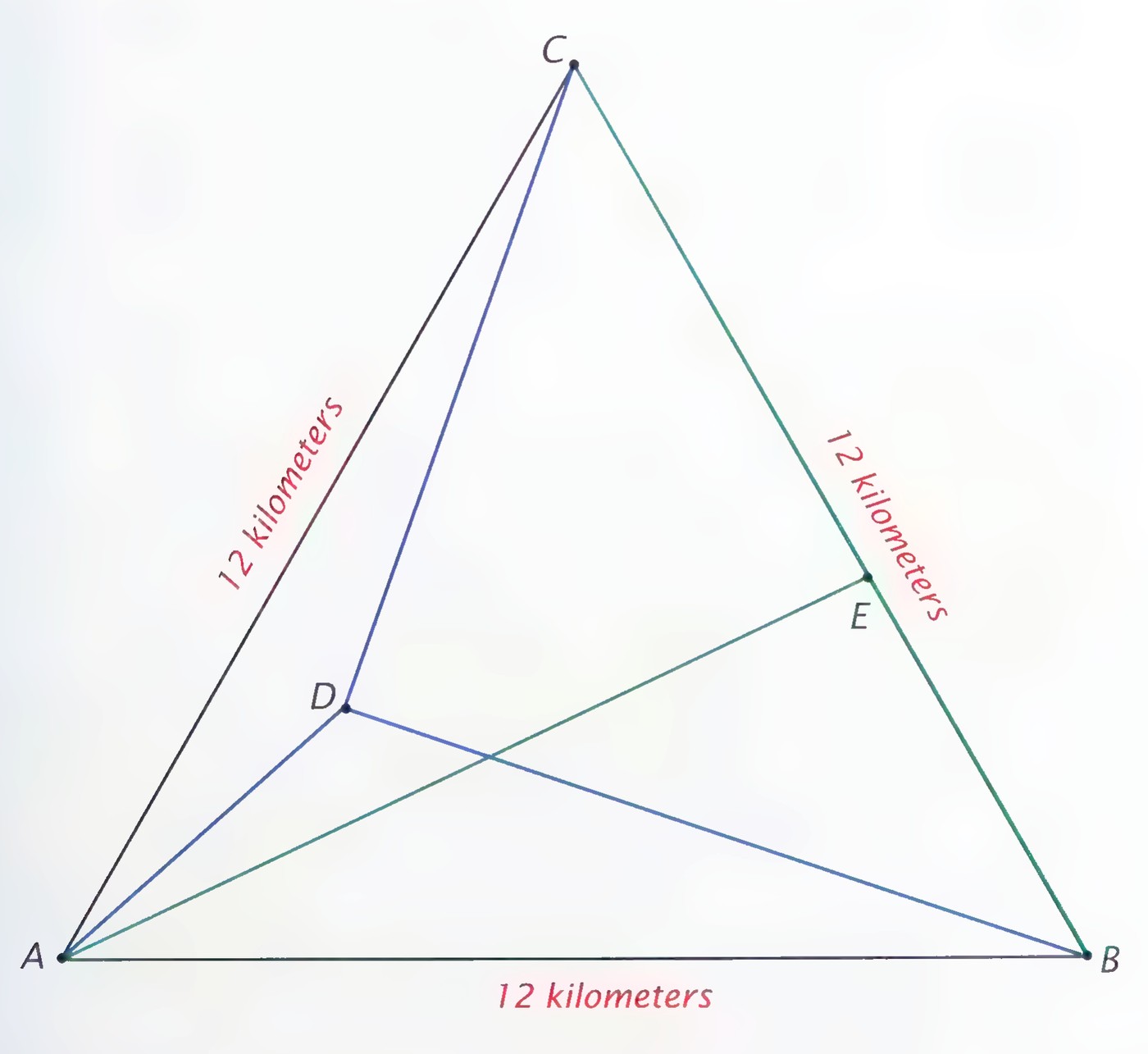 Equilateral triangle ABC with each side labeled 12 kilometers. Points D and E are marked inside, with segments from each point to the three corners.