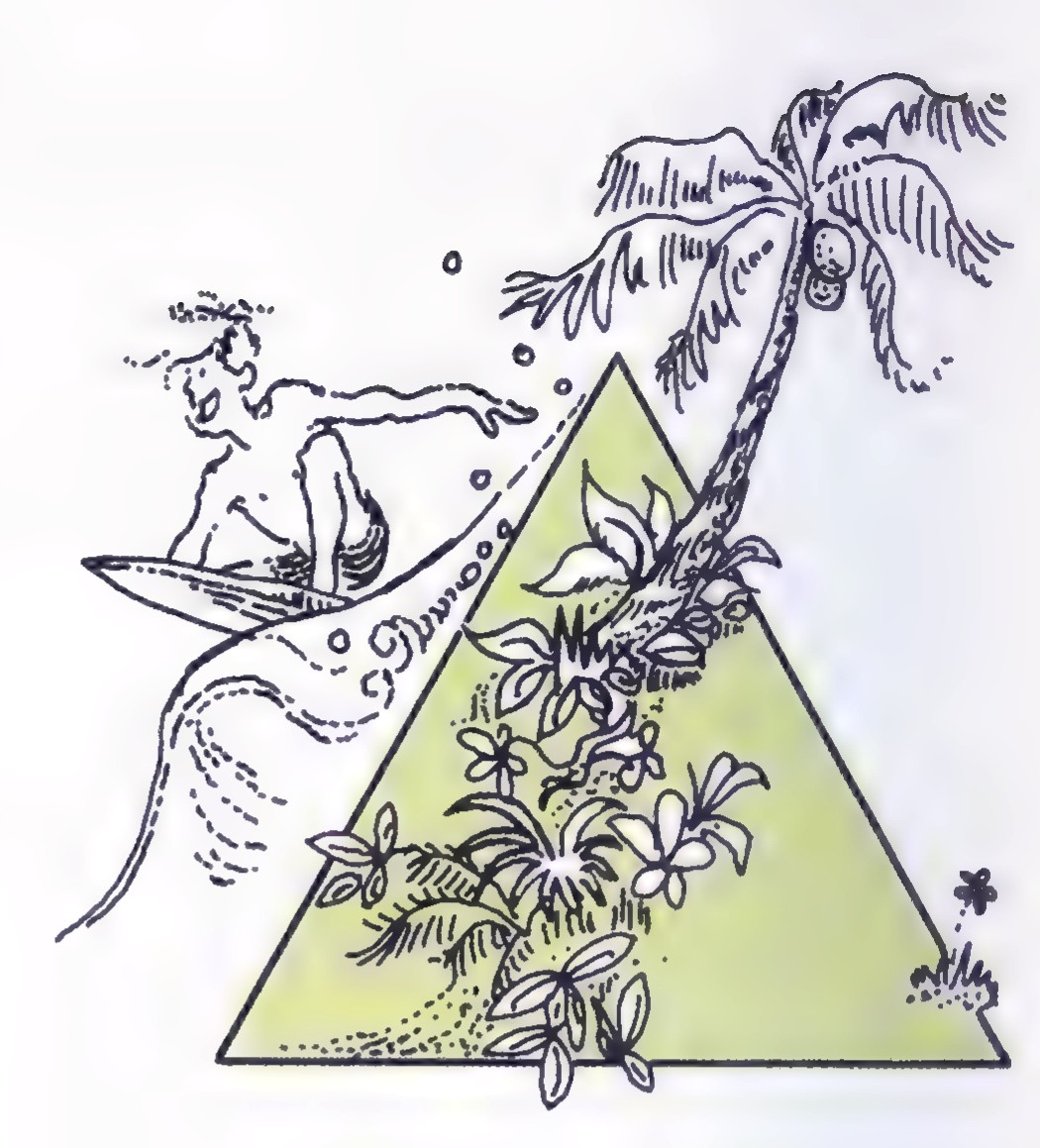 A cartoon of the surfer riding a wave toward a triangular island covered with palm trees and tropical plants.