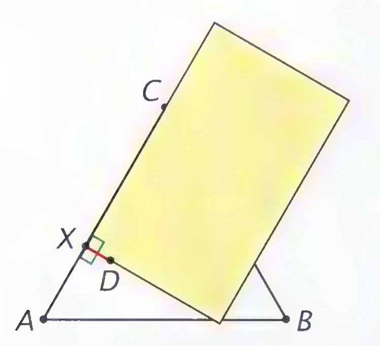 A triangle ABC with a tilted rectangular card laid over it; a corner of the card marks a right angle at D on side AB.