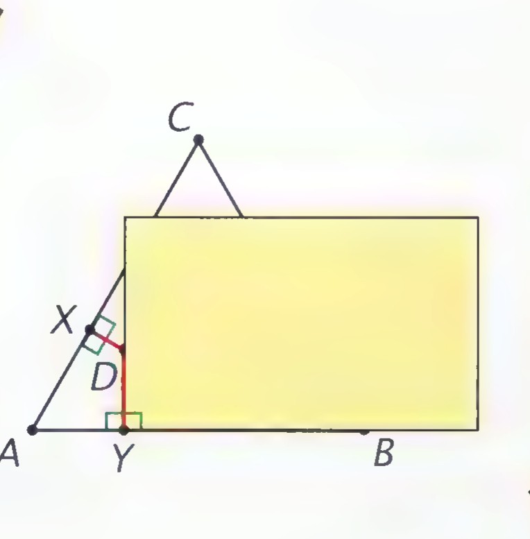 A triangle ABC with a card whose edges pass through C and lie along AB, showing right angles at X and Y.