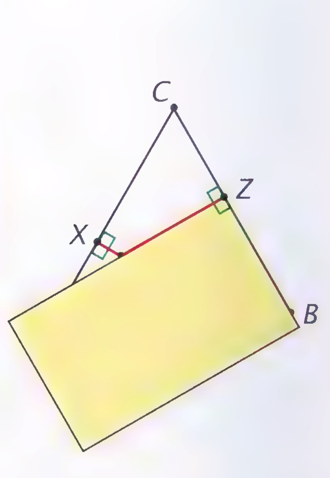 A triangle ABC with a card placed so that a line through X meets side BC perpendicularly at Z.