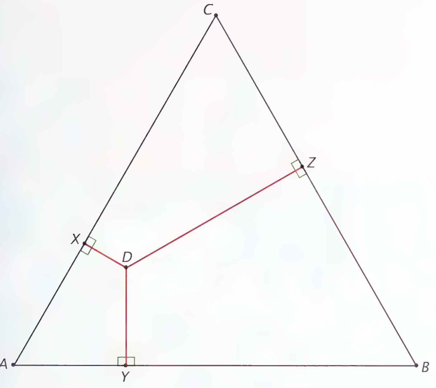 Equilateral triangle ABC with a point D inside. Segments from D meet the three sides perpendicularly at X, Y, and Z; the right angles are marked with small squares.