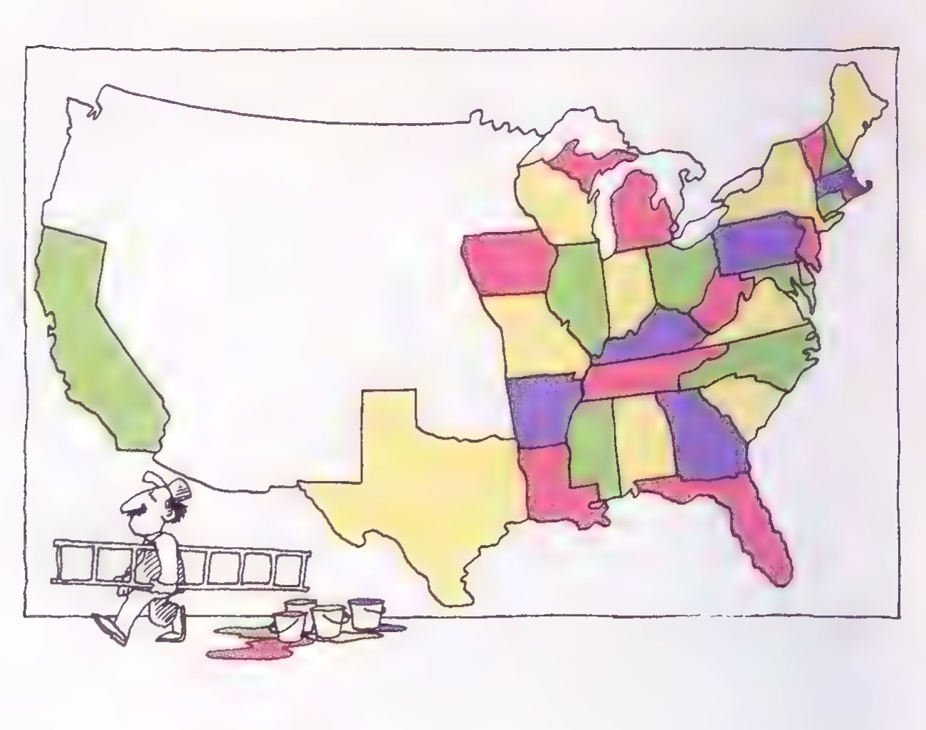 A cartoon showing a painter whitewashing a map of the United States in 1852, with the states colored in different colors.