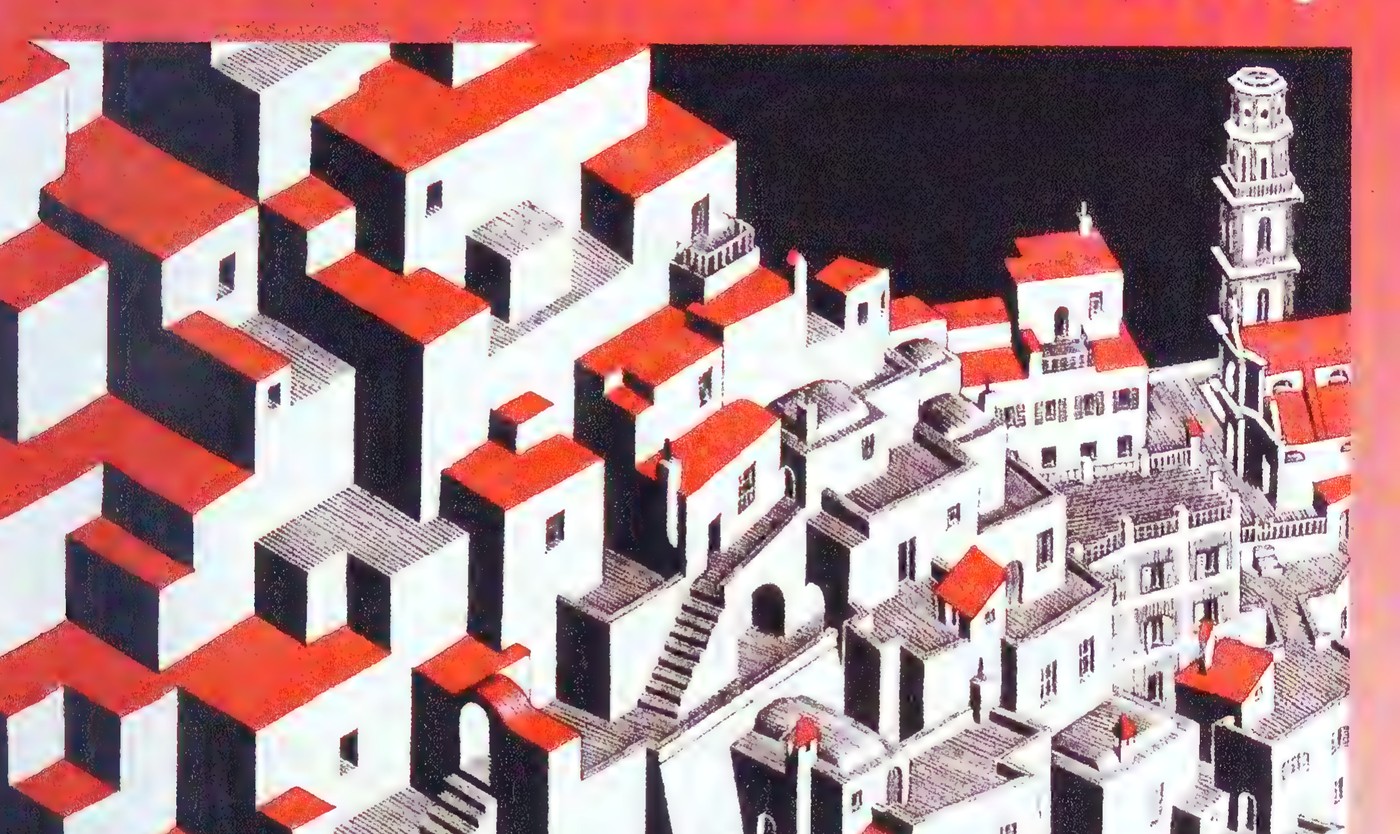 Detail from Metamorphosis III by Maurits Escher: white houses with red roofs and black shadows, the shapes gradually changing across the picture.