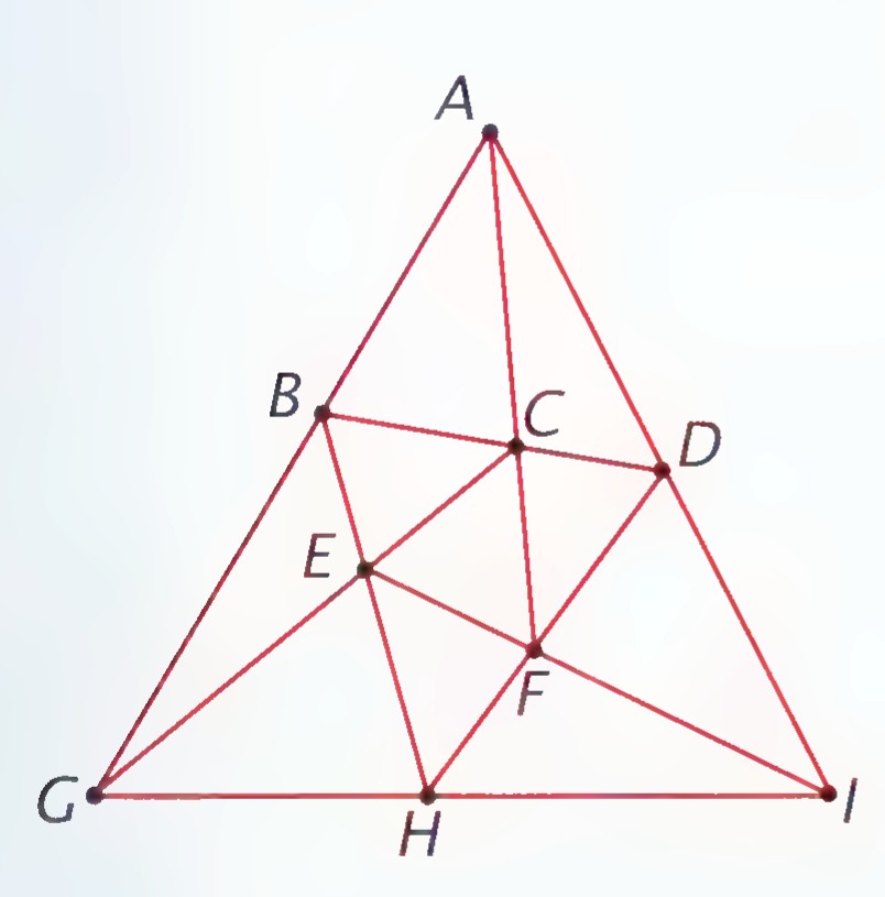 A triangular network of line segments with nine labeled points: A at the top, B, C, D across the middle, E and F inside, and G, H, I along the bottom.