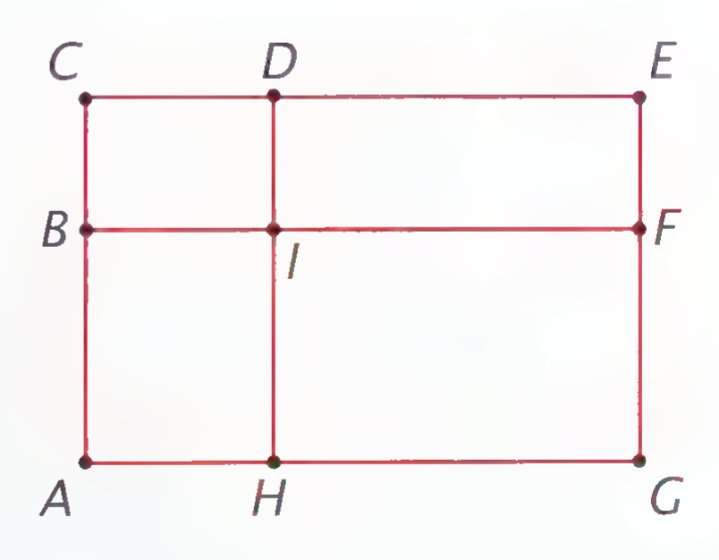 A rectangle divided into four smaller rectangles by one horizontal and one vertical line, with points C, D, E along the top, B, I, F along the middle, and A, H, G along the bottom.