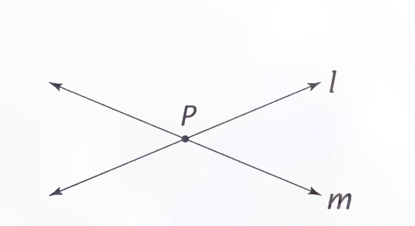Two lines l and m crossing at point P.