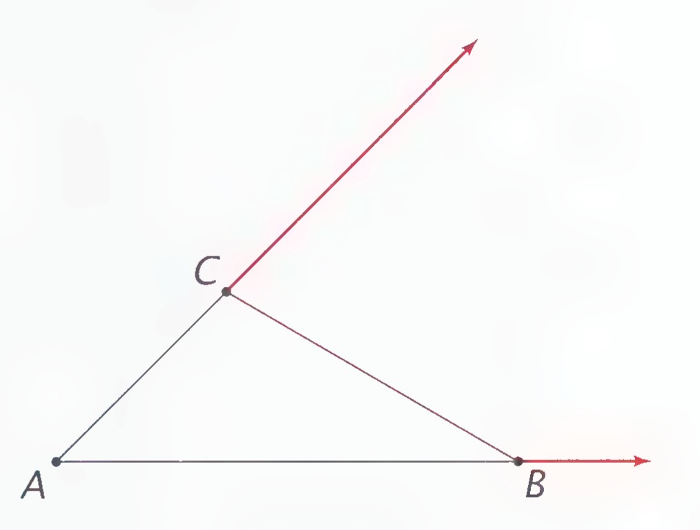 Triangle ABC with the sides of angle A extended in color.