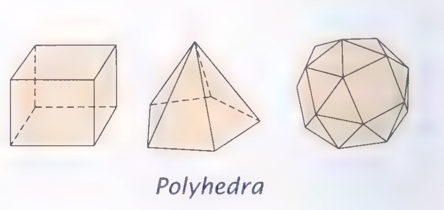 Three polyhedra: a rectangular box, a pyramid with a triangular base, and a many-sided solid.