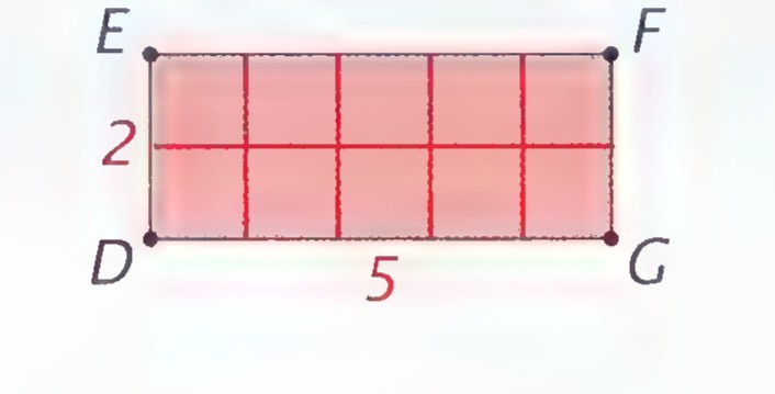 Rectangle DEFG divided into a 2-by-5 grid of unit squares, with height 2 and width 5.