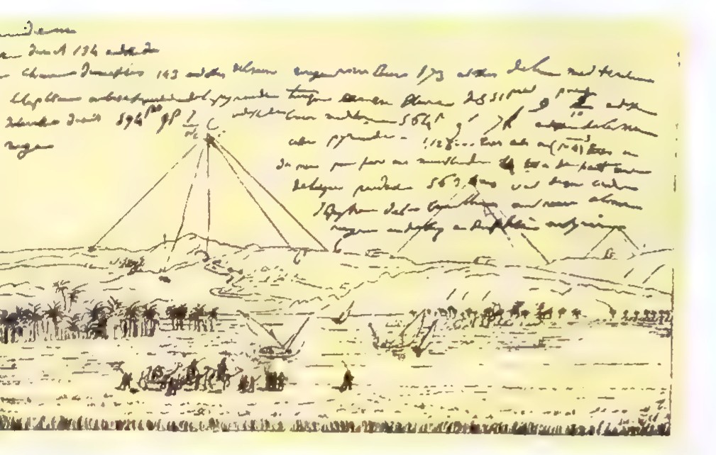 A page from Napoleon’s notebook: a sketch of the Great Pyramid with measuring lines and handwritten notes, with a desert camp in the foreground.