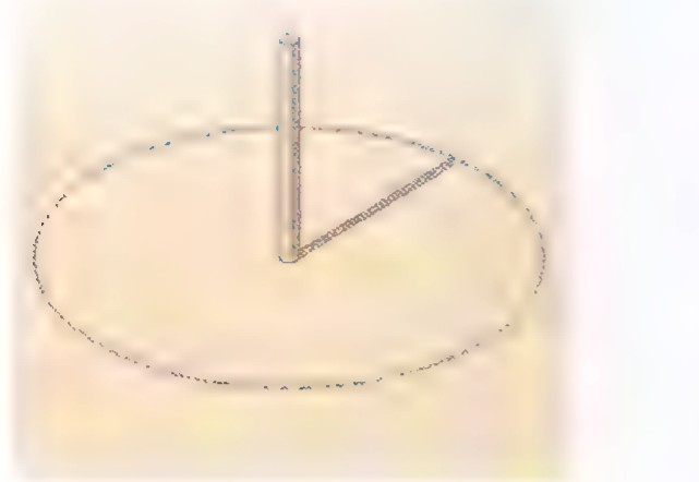Photograph of a vertical post standing in the middle of a circle drawn on level ground.