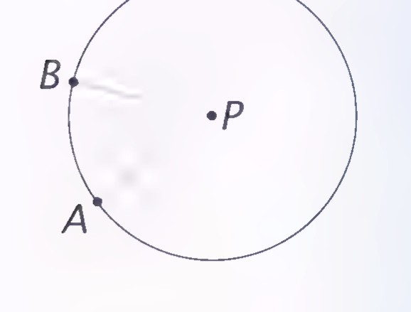 A circle with center P and points A and B on the circle.