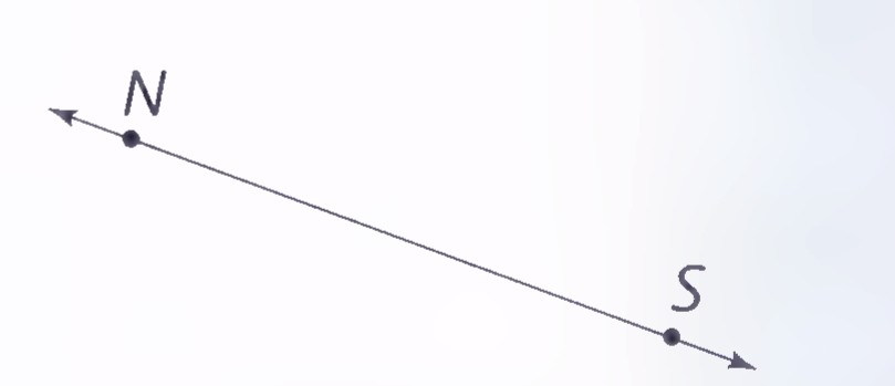 A line segment NS with an arrow at each end, sloping down to the right, labeled N at the upper left and S at the lower right.