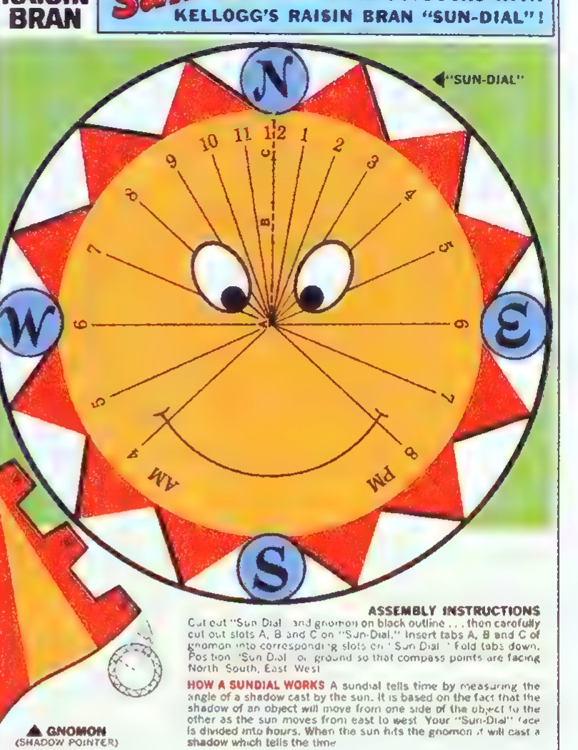 A Kellogg’s Raisin Bran “Sun-Dial” cutout: a circular dial with a smiling face, marked with the hours and compass points N, E, S, and W, and assembly instructions printed below.