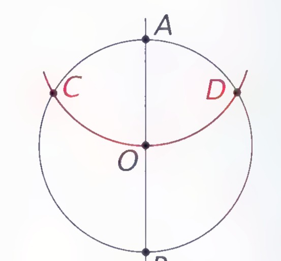 A circle with center O, vertical diameter AB, and an arc centered at A through O meeting the circle at C and D.