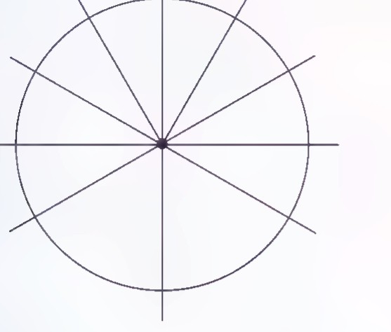 A circle with four diameters through its center, dividing it into eight equal angles.