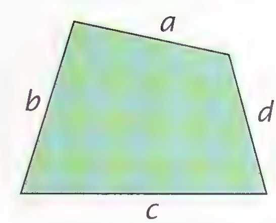 A yellow quadrilateral with consecutive sides labeled a (top), b (left), c (bottom), and d (right).
