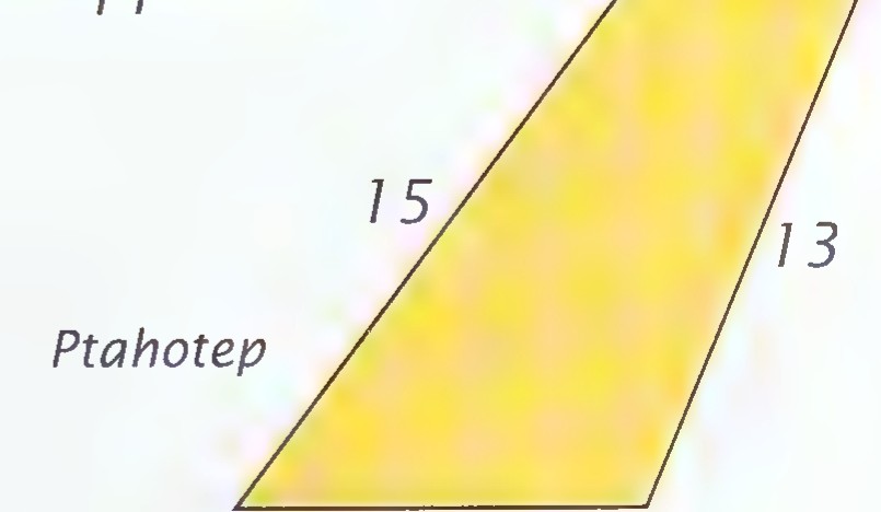 Ptahtep’s plot: a yellow parallelogram with sides labeled 5 (top), 15 (left), 9 (bottom), and 13 (right).
