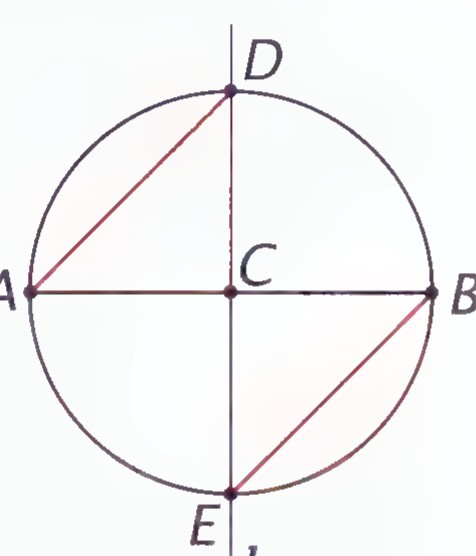 The same circle with chords AD and BE drawn.