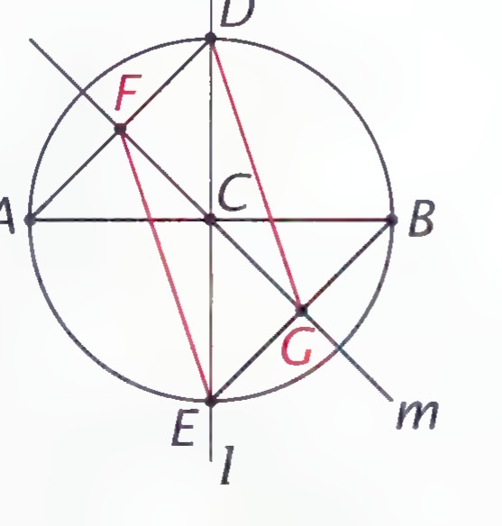 The completed construction: line m meets AD at F and BE at G, and segments DG and FE are drawn.