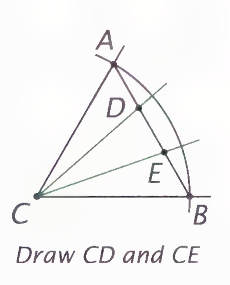 The final step, labeled “Draw CD and CE,” with rays from C through D and E.
