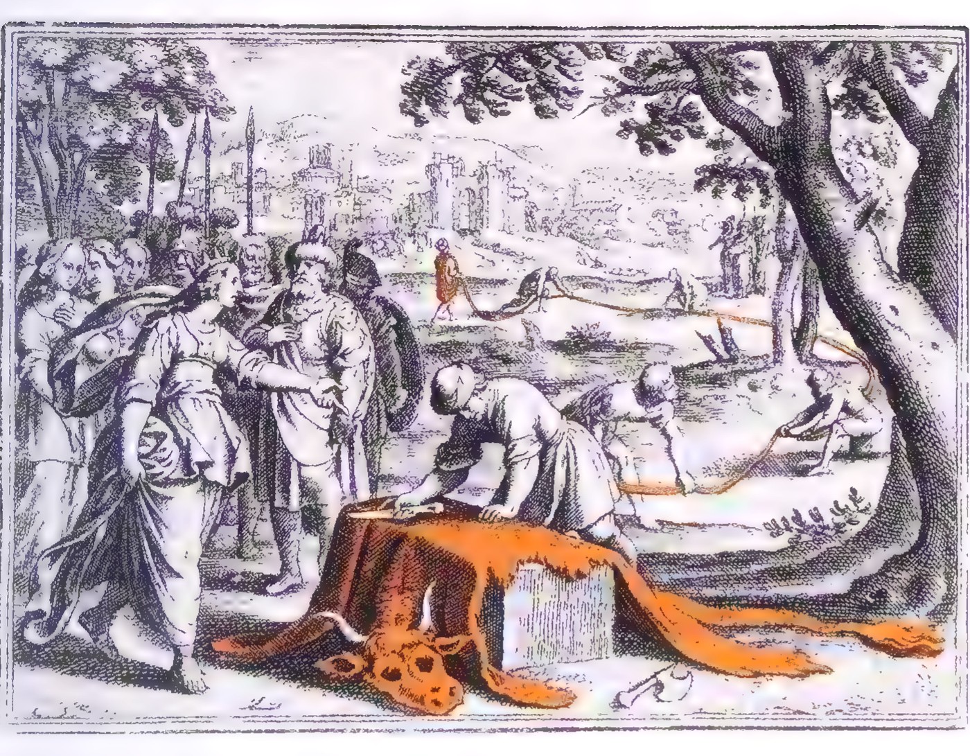 Engraving from 1630: a crowd watches a man cut an ox hide into thin strips on the ground, with the city of Carthage in the background.