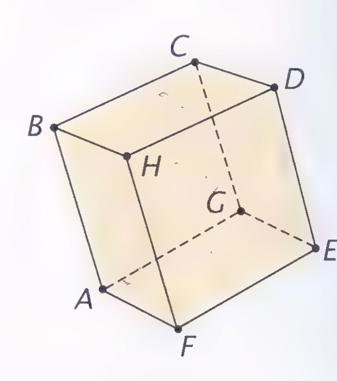 A transparent cube with vertices labeled A through H.