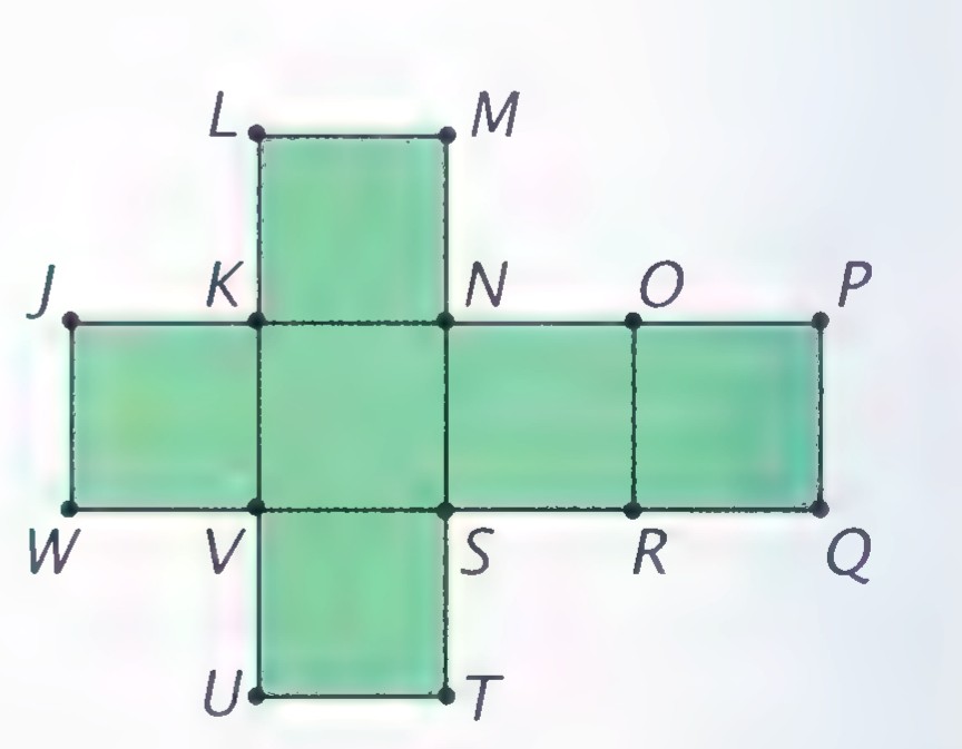 A cube net: four squares in a row with one square above and one below, its corners labeled J, K, N, O, P along the top row; L, M above; W, V, S, R, Q below; and U, T at the bottom.