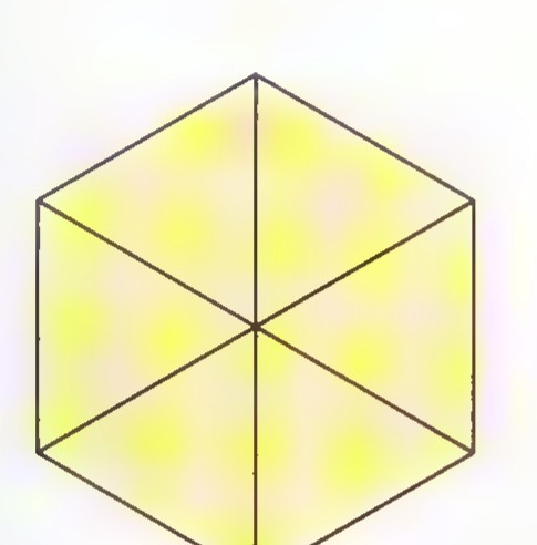 A transparent view of a cube seen from above, its outline a regular hexagon divided into six triangles by three diagonals.