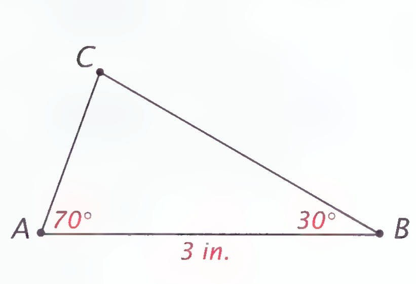 Triangle ABC with ∠A = 70°, ∠B = 30°, and side AB = 3 in.