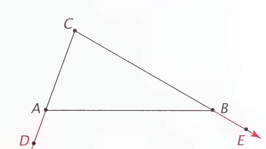 Triangle ABC with side CA extended beyond A to D and side CB extended beyond B to E.