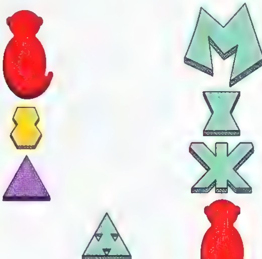 An arrangement of colored plastic shapes representing a sentence: a red figure, a yellow hexagon, a purple triangle, the letter M, several X shapes, a green triangle, and another red figure.