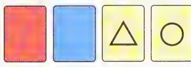 Four cards in a row: a red card, a blue card, a card with a triangle, and a card with a circle.