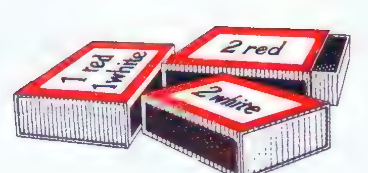 Three matchboxes labeled “1 red, 1 white,” “2 red,” and “2 white.”