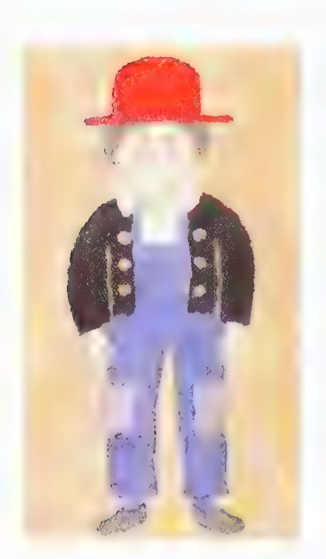 Drawing of a boy wearing a red hat, a dark jacket, and blue overalls, standing against a tan background.