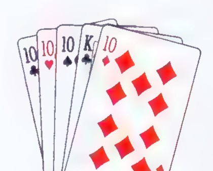 A poker hand fanned out: four 10s (clubs, hearts, spades, and diamonds) and a king of clubs.