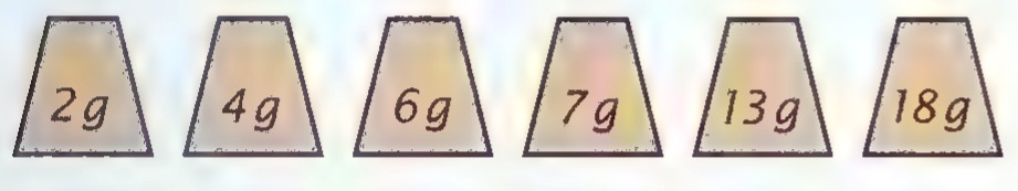 Six weights labeled 2 g, 4 g, 6 g, 7 g, 13 g, and 18 g.