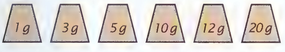 Six weights labeled 1 g, 3 g, 5 g, 10 g, 12 g, and 20 g.